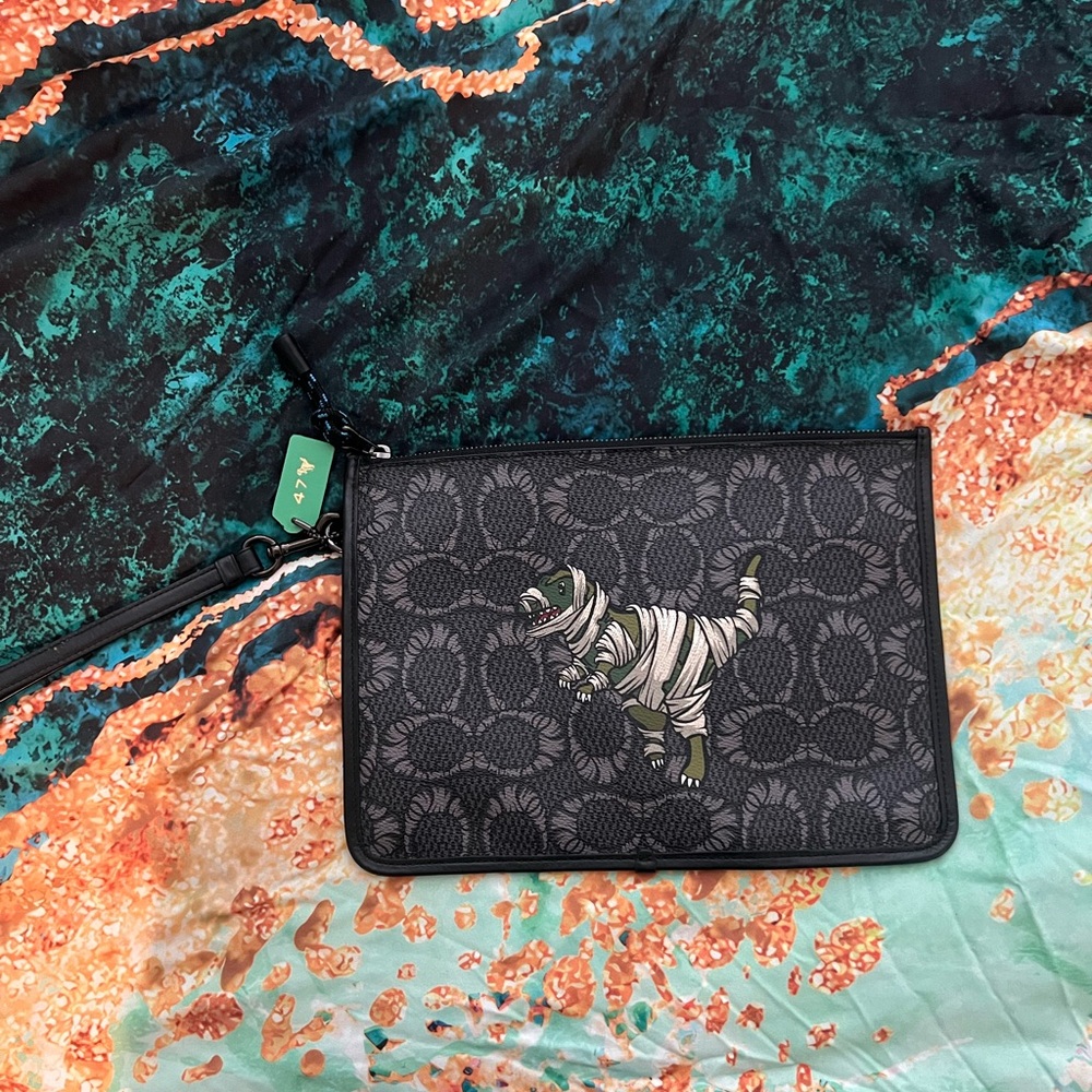 Coach Black and Green Clutch with Dinosaur Design